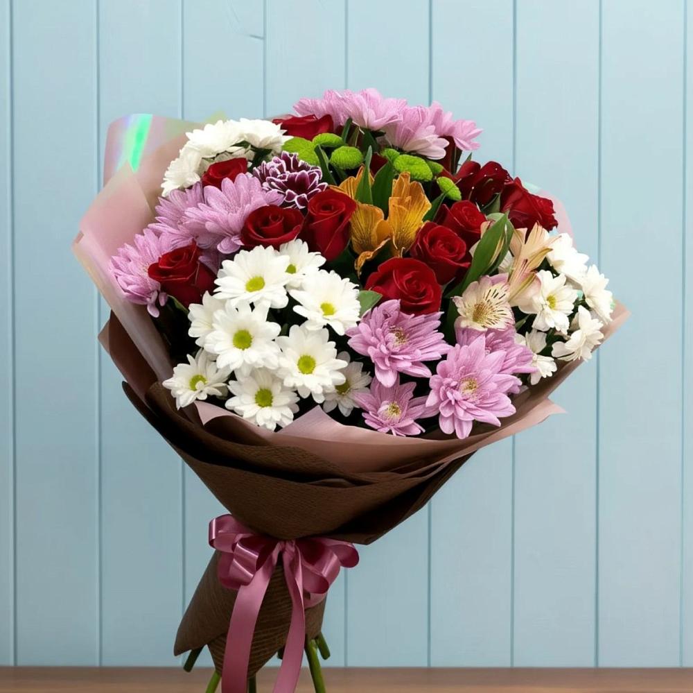 Букет цветов из: Розы, Хризантемы и Альстромерии в Агирише